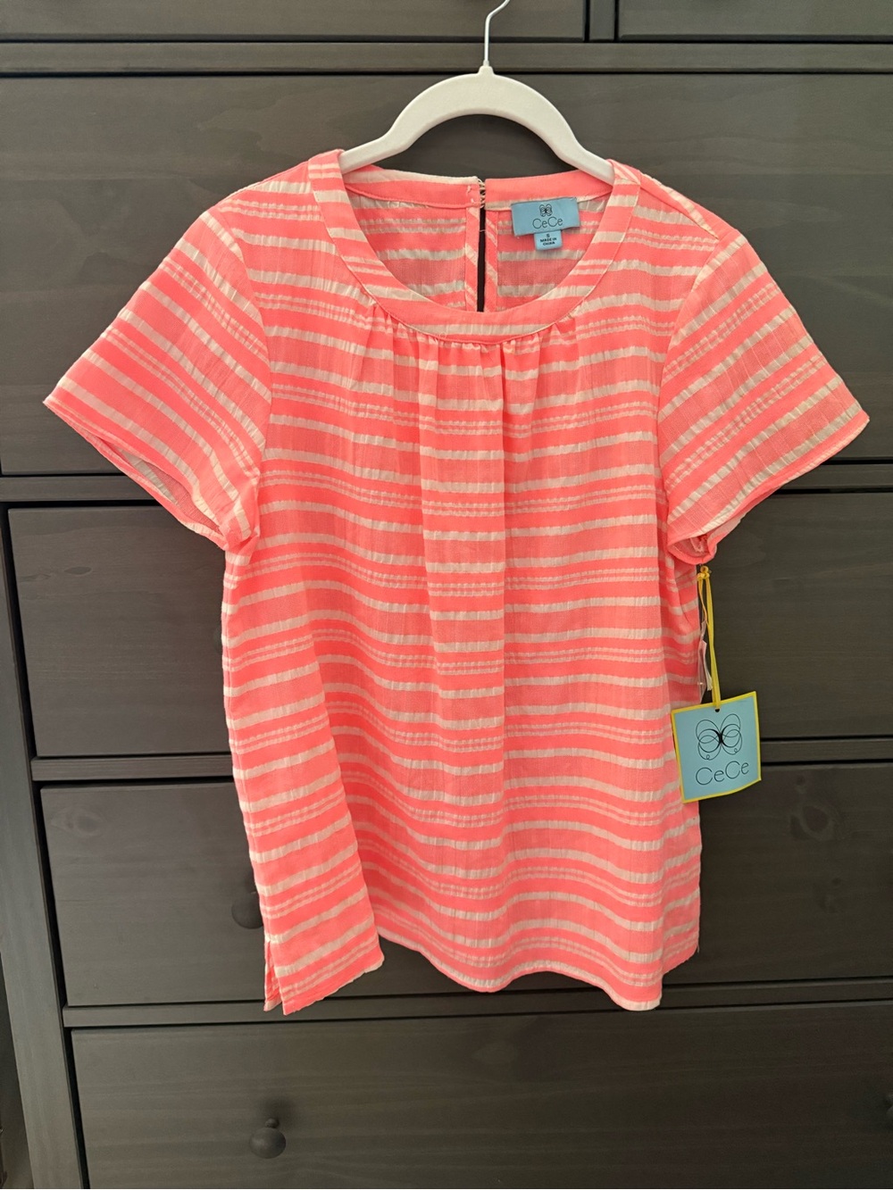CeCe NWT Fluorescent Orange Cream Stripe Short Sleeve Blouse Small